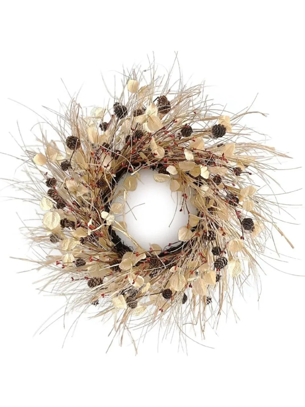 24-Inch Autumn Wreath for Front Door Decor with Pinecones & Red Berries